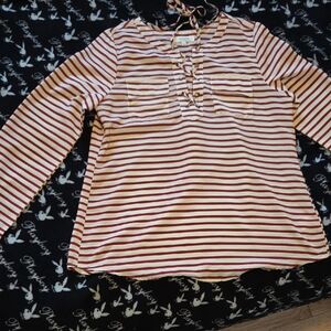 Umgee Red and Cream Striped Lace-Up Top